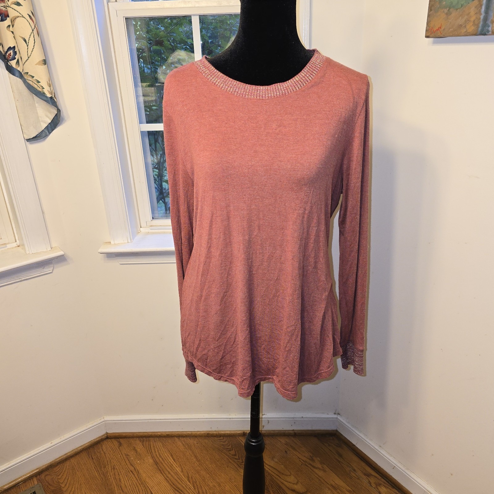 Rose + Olive Womens Long Sleeve Top Heathered Coral Casual Blouse Size M
